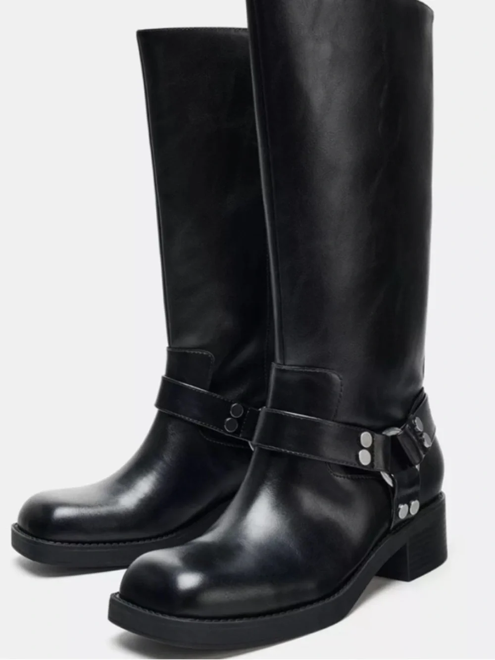 Zara Black Leather Harness Mid-Calf Boots